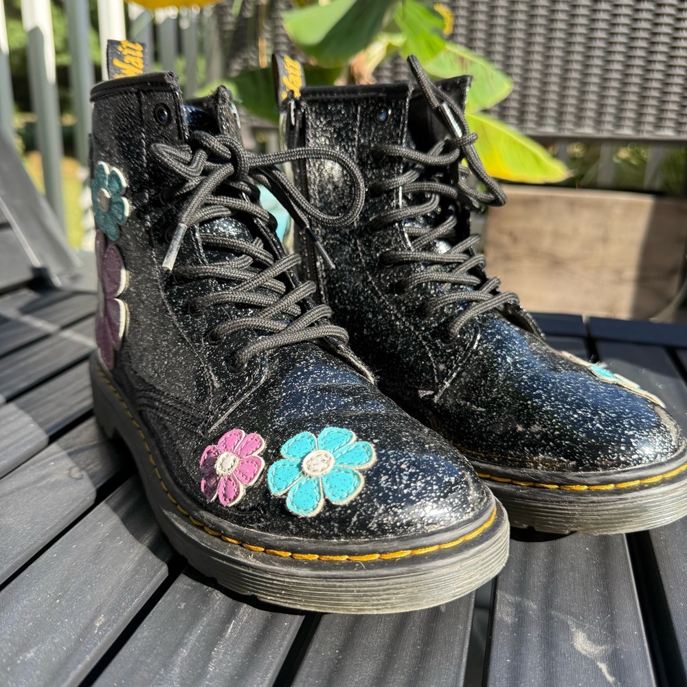 Dr. Martens Black Kids Boots with Floral Design